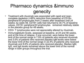 Pharmaco dynamics &immuno
genecity
• Treatment with rituximab was associated with rapid and near-
complete depletion (>95% reduction from baseline) of CD19+
peripheral B lymphocytes from 2 weeks after treatment until 24
weeks; by week 48, CD19+ cells had returned to 30.7% of baseline
values. CD19+ peripheral B lymphocytes remained relatively stable
in the placebo group for 48 weeks.
• CD3+ T lymphocytes were not appreciably altered by rituximab.
• Immunoglobulin levels, assessed at baseline, at 24 and 48 weeks,
and at the time of relapse, if one occurred, were below the lower
limit of the normal range in 7.9% of patients who received rituximab
and 3.0% of patients who received placebo.IgM levels were below
the lower limit of the normal range in 22.4% of patients who received
rituximab and 8.6% of patients who received placebo. Median IgM,
IgG, and IgA levels remained above the lower limit of the normal
range in both groups throughout the trial.
 