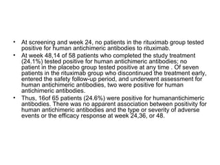 • At screening and week 24, no patients in the rituximab group tested
positive for human antichimeric antibodies to rituximab.
• At week 48,14 of 58 patients who completed the study treatment
(24.1%) tested positive for human antichimeric antibodies; no
patient in the placebo group tested positive at any time . Of seven
patients in the rituximab group who discontinued the treatment early,
entered the safety follow-up period, and underwent assessment for
human antichimeric antibodies, two were positive for human
antichimeric antibodies.
• Thus, 16of 65 patients (24.6%) were positive for humanantichimeric
antibodies. There was no apparent association between positivity for
human antichimeric antibodies and the type or severity of adverse
events or the efficacy response at week 24,36, or 48.
 