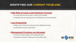 IDENTIFYING OUR CURRENT PROBLEMS
 High Rate of Lower Level Employee Turnover
 Living cost and price hike in daily commodities
 Salaries we are paying are not satisfactory and competitive
 Low Productivity
 High rate of turnover and poor job satisfaction level
 Ineffective worker supervision
 Management Functions are disrupted
 Communication gaps among departments
 Improper decision making and execution plan
 