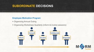 SUBORDINATE DECISIONS
Employee Motivation Program
 Organizing Annual Outing
 Organizing Workshops Quarterly (inform & involve sessions)
 