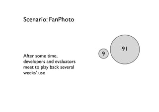 Scenario: FanPhoto



                                91
After some time,            9
developers and evaluators
meet to play back several
weeks’ use
 
