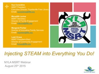 +
Injecting STEAM into Everything You Do!
NYLA MSRT Webinar
August 25th 2015
Sue Considine
MSRT President
Executive Director, Fayetteville Free Library
Email: sconsidine@fflib.org
Meredith Levine
MSRT Secretary
Director of Family Engagement
Email: mlevine@fflib.org
Margaret Portier
Director of Innovative Family Services
Email: mportier@fflib.org
Leah Kraus
MSRT President-Elect
Director of Community Engagement
Email: lkraus@fflib.org
 