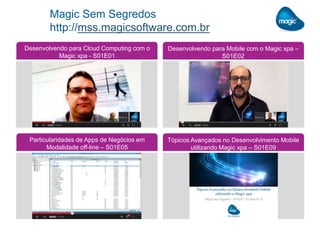 Magic Sem Segredos
http://mss.magicsoftware.com.br
Desenvolvendo para Cloud Computing com o
Magic xpa - S01E01
Desenvolvendo para Mobile com o Magic xpa –
S01E02
Particularidades de Apps de Negócios em
Modalidade off-line – S01E05
Tópicos Avançados no Desenvolvimento Mobile
utilizando Magic xpa – S01E09
 