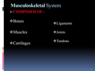 Musculoskeletal System
 COMPOSED OF :
Bones
Muscles
Cartilages
1
Ligaments
Joints
Tendons
 