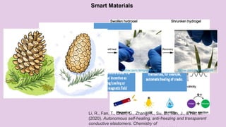 Smart Materials
Li, R., Fan, T., Chen, G., Zhang, K., Su, B., Tian, J., & He, M.
(2020). Autonomous self-healing, anti-freezing and transparent
conductive elastomers. Chemistry of
 