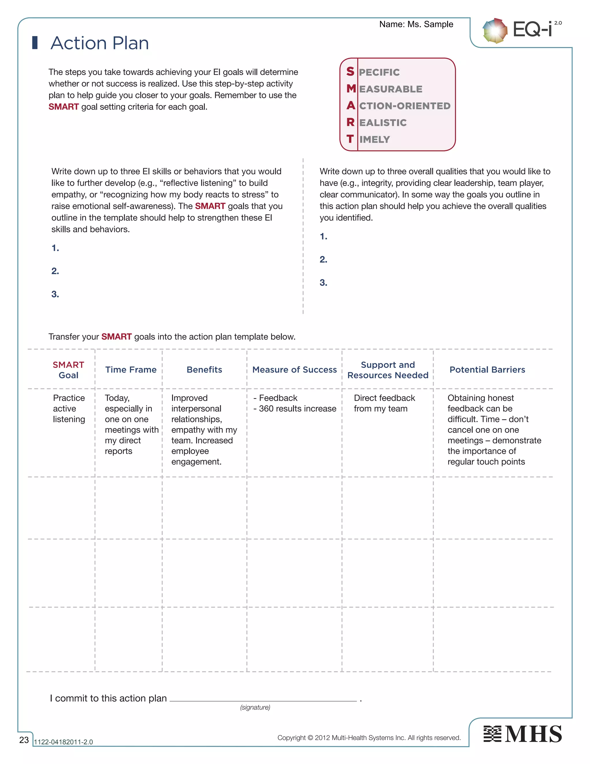 Copyright © 2012 Multi-Health Systems Inc. All rights reserved.
Write down up to three EI skills or behaviors that you would
like to further develop (e.g., “reflective listening” to build
empathy, or “recognizing how my body reacts to stress” to
raise emotional self-awareness). The SMART goals that you
outline in the template should help to strengthen these EI
skills and behaviors.
1.
2.
3.
Write down up to three overall qualities that you would like to
have (e.g., integrity, providing clear leadership, team player,
clear communicator). In some way the goals you outline in
this action plan should help you achieve the overall qualities
you identified.
1.
2.
3.
The steps you take towards achieving your EI goals will determine
whether or not success is realized. Use this step-by-step activity
plan to help guide you closer to your goals. Remember to use the
SMART goal setting criteria for each goal.
Transfer your SMART goals into the action plan template below.
I commit to this action plan .
	(signature)
SMART
Goal
Time Frame Potential BarriersBenefits Measure of Success
Support and
Resources Needed
Action Plan
Practice
active
listening
Today,
especially in
one on one
meetings with
my direct
reports
Improved
interpersonal
relationships,
empathy with my
team. Increased
employee
engagement.
- Feedback
- 360 results increase
Direct feedback
from my team
Obtaining honest
feedback can be
difficult. Time – don’t
cancel one on one
meetings – demonstrate
the importance of
regular touch points
S PECIFIC
M EASURABLE
A CTION-ORIENTED
R EALISTIC
T IMELY
Name: Ms. Sample
23 1122­04182011­2.0
 