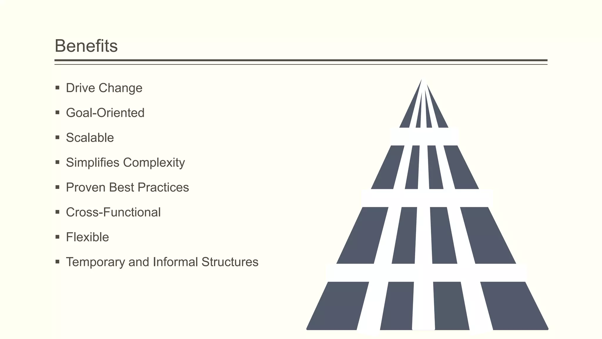 Benefits
 Drive Change
 Goal-Oriented
 Scalable
 Simplifies Complexity
 Proven Best Practices
 Cross-Functional
 Flexible
 Temporary and Informal Structures
 