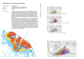 Gebiedsvisie- Amsterdam Noord




                                                                                                                portfolio menno slijboom
opdrachtgever:   Eigen Haard
functie:         projectarchitect & projectleider MEI
opgave:          gebiedsvisie Amsterdam Noord
periode:         2008

beschrijving     In samenwerking met de corporaties en het stadsdeel zijn op ver-
                 schillende schaalniveaus studies verricht voor Amsterdam Noord.
                 In Amsterdam Noord zijn de tijdslagen nog nadrukkelijk zichtbaar.
                 Aan deze structuur zijn in de jaren twintig van de vorige eeuw klein-                                                     cultuur
                 schalige tuindorpen toegevoegd. Langs het IJ glorieerden in deze
                 periode de verschillende scheepswerven. De grootschalige stede-
                 lijke uitbreidingen na de oorlog zijn vooral ten noorden van de IJdijk
                 gebouwd.
                 Mede door het verval van de scheepswerven en de havenactiviteiten
                 transformeren de (noordelijke) IJ-oevers tot woon- en werkgebie-
                 den. In de jaren 80 is in Noord begonnen met de transformatie van
                 de locatie van de Amsterdamse Droogdok Maatschappij (ADM-werf)
                 naar het IJ-plein. Naar aanleiding van deze analyse zijn in samenwer-
                 king met de betrokken corperaties in het gebied toekomst scena-                                                            economie
                 rio’s ontwikkeld voor het IJ-plein in samenhang met volgelbuurt en
                 Hamerstraat gebied.In deze scenario’s zijn de peilers cultuur, zorg
                 en economie in een workshop uitgewerkt om te kijken welke kansen
                 en knelpunten deze peilers leiden. Naar aanleiding van de conclusies
                 is een voorkeursscenario opgesteld waarin de toekomstige ontwik-
                 keling van het gebied is bepaald.




                                                                                                                                           zorg




                                                                       Legenda
                                                                       Historische structuur   > behouden
                                                                       Woongebied              > intensiveren
                                                                       Ontwikkelingsgebied     > ontwikkelen
                                                                       Barriere
                                                                       Barriere doorbreken
                                                                       Barriere ontwikkelen
 