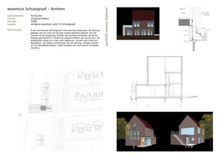 woonhuis Schuytgraaf - Arnhem




                                                                                        portfolio menno slijboom
opdrachtgever:   Particulier
functie:         projectarchitect
periode:         2006
opgave:          ontwerp woonhuis veld 14 Schuytgraaf

beschrijving:    In de vinexlocatie Schuytgraaf is een woning ontworpen. De woning,
                 gelegen aan de rand van de wijk maakt optimaal gebruik van het
                 uitzicht op de omgeving. Hiertoe zijn de woonvertekken op de ver-
                 dieping gesitueerd en sluiten de slaapvertrekken aan op de tuin. De
                 woonkamer loopt uit in een ruim dakterras, via een trap is de tuin
                 bereikbaar. De sobere architectuur van de woning, voorgeschreven
                 uit het beeldkwaliteitplan, heeft hierdoor een verrassend ruimtelijk
                 interieur.
 