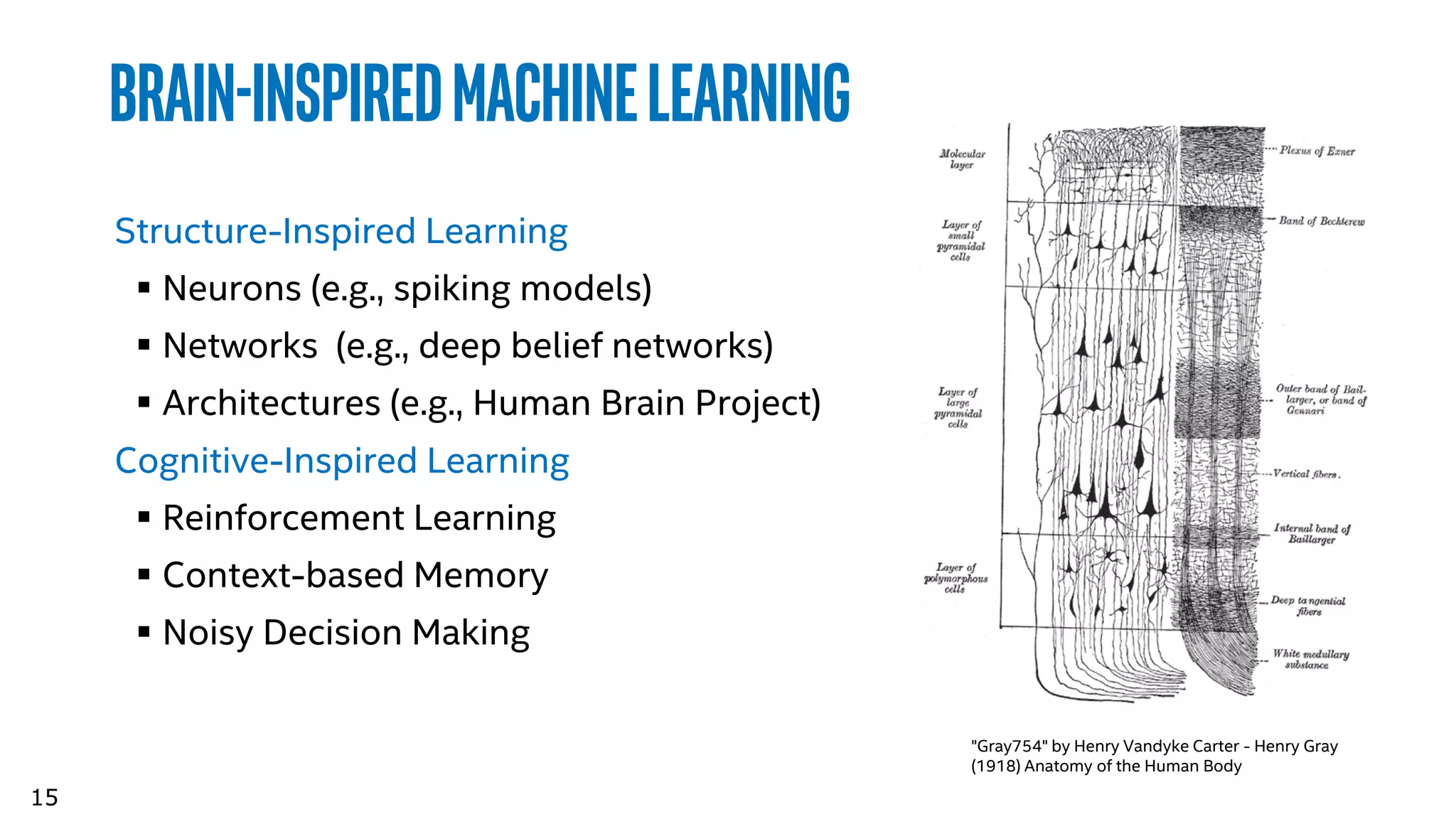 15
Brain-Inspiredmachinelearning
Structure-Inspired Learning
 Neurons (e.g., spiking models)
 Networks (e.g., deep belief networks)
 Architectures (e.g., Human Brain Project)
Cognitive-Inspired Learning
 Reinforcement Learning
 Context-based Memory
 Noisy Decision Making
15
"Gray754" by Henry Vandyke Carter - Henry Gray
(1918) Anatomy of the Human Body
 