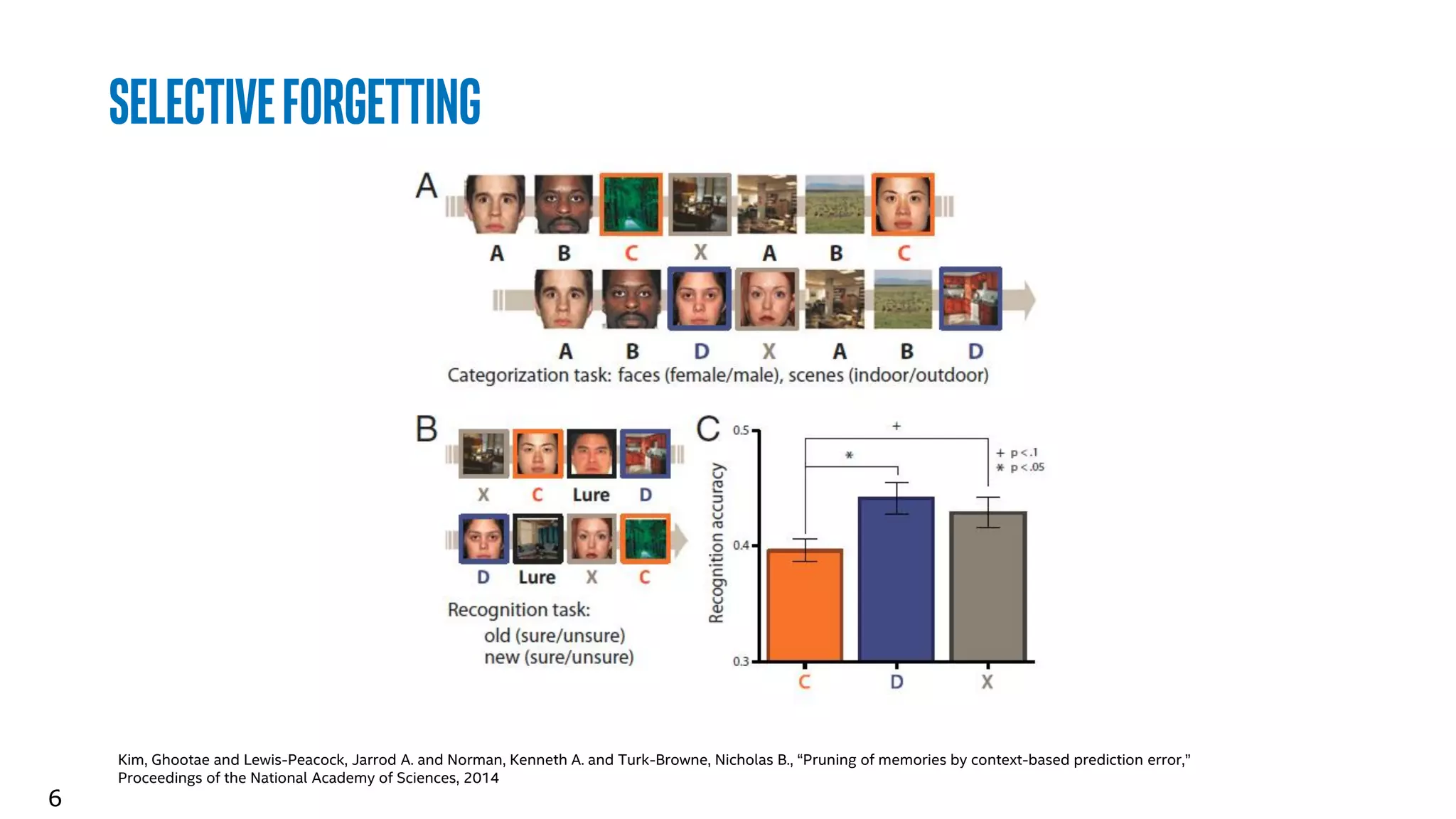 6
SelectiveForgetting
Kim, Ghootae and Lewis-Peacock, Jarrod A. and Norman, Kenneth A. and Turk-Browne, Nicholas B., “Pruning of memories by context-based prediction error,”
Proceedings of the National Academy of Sciences, 2014
 