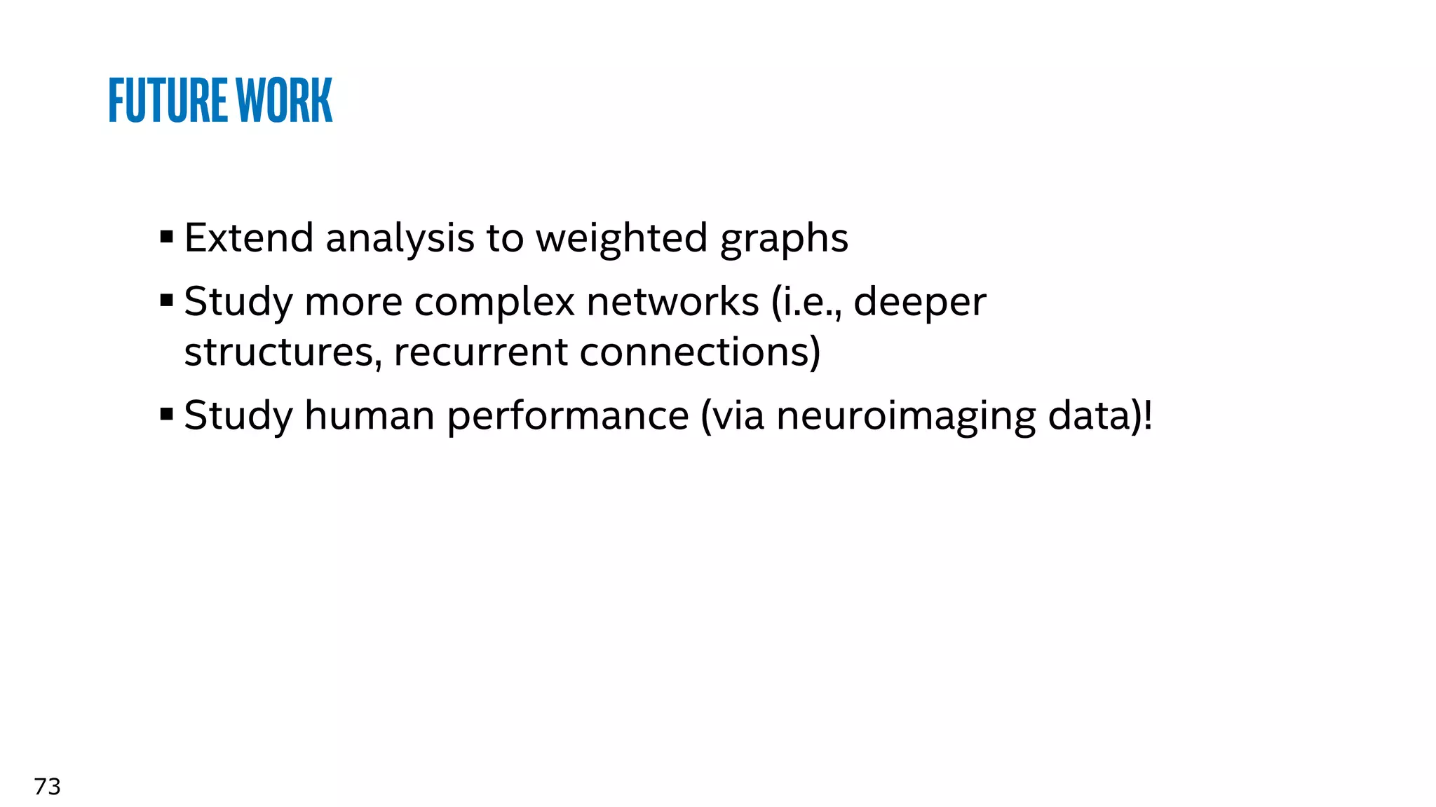 73
Futurework
 Extend analysis to weighted graphs
 Study more complex networks (i.e., deeper
structures, recurrent connections)
 Study human performance (via neuroimaging data)!
 