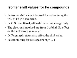 Isomer shift values for Fe compounds
• Fe isomer shift cannot be used for determining the
O.S of Fe in a molecule.
• Fe O.S from 0 to 4, often differ in unit charge only.
• The electrons involved are from d orbital. So effect
on the s electrons is smaller.
• Different spin states also affect the shift value.
• Selection Rule for MB spectra mI = 0, 1
 
