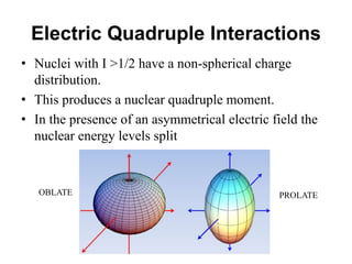 Electric Quadruple Interactions
• Nuclei with I >1/2 have a non-spherical charge
distribution.
• This produces a nuclear quadruple moment.
• In the presence of an asymmetrical electric field the
nuclear energy levels split
OBLATE PROLATE
 
