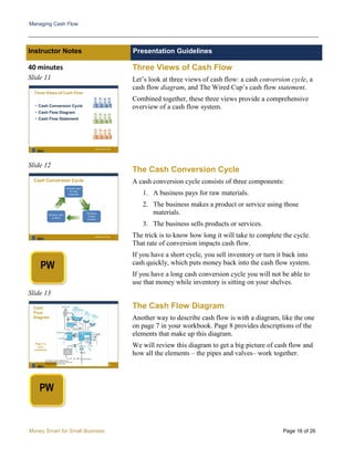 Managing Cash Flow
Money Smart for Small Business Page 16 of 26
Instructor Notes Presentation Guidelines
40 minutes
Slide 11
Three Views of Cash Flow
Let’s look at three views of cash flow: a cash conversion cycle, a
cash flow diagram, and The Wired Cup’s cash flow statement.
Combined together, these three views provide a comprehensive
overview of a cash flow system.
Slide 12
Slide 13
The Cash Conversion Cycle
A cash conversion cycle consists of three components:
1. A business pays for raw materials.
2. The business makes a product or service using those
materials.
3. The business sells products or services.
The trick is to know how long it will take to complete the cycle.
That rate of conversion impacts cash flow.
If you have a short cycle, you sell inventory or turn it back into
cash quickly, which puts money back into the cash flow system.
If you have a long cash conversion cycle you will not be able to
use that money while inventory is sitting on your shelves.
The Cash Flow Diagram
Another way to describe cash flow is with a diagram, like the one
on page 7 in your workbook. Page 8 provides descriptions of the
elements that make up this diagram.
We will review this diagram to get a big picture of cash flow and
how all the elements – the pipes and valves– work together.
 