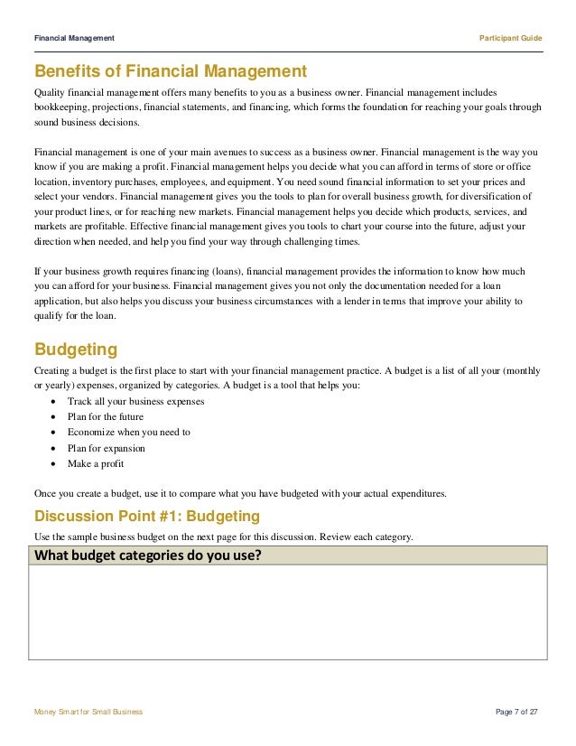 participant guide financial management small business budget categories