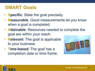 Planning for a Healthy Business 19
SMART Goals
• Specific: State the goal precisely.
• Measurable: Good measurements let you know
when a goal is completed.
• Attainable: Resources needed to complete the
goal are within your reach.
• Relevant: The goal is applicable
to your business.
• Time-based: The goal has a
completion date or time frame.
 