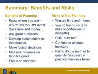 Planning for a Healthy Business 21
Summary: Benefits and Risks
Benefits of Planning
• Know where you are—
and where you are going
• Save time and money
• Ask great questions
• Develop stakeholders in
the process
• Make logical decisions
• Measure progress on
tangible goals
• Focus on finances
Risks of Not Planning
• Wasted time and money
• You do too much (and
miss opportunities to
delegate)
• Risk “burn out”
• Confuse or alienate
investors
• Fail to do the math or to
quantify “success” in
practical business terms
 