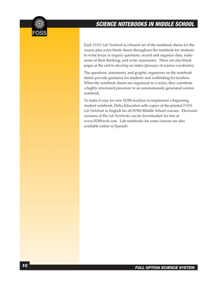 SCIENCE NOTEBOOKS IN MIDDLE SCHOOL


     Each FOSS Lab Notebook is a bound set of the notebook sheets for the
     course plus extra blank sheets throughout the notebook for students
     to write focus or inquiry questions, record and organize data, make
     sense of their thinking, and write summaries. There are also blank
     pages at the end to develop an index/glossary of science vocabulary.
     The questions, statements, and graphic organizers on the notebook
     sheets provide guidance for students and scaffolding for teachers.
     When the notebook sheets are organized as a series, they constitute
     a highly structured precursor to an autonomously generated science
     notebook.
     To make it easy for new FOSS teachers to implement a beginning
     student notebook, Delta Education sells copies of the printed FOSS
     Lab Notebook in English for all FOSS Middle School courses. Electronic
     versions of the Lab Notebooks can be downloaded for free at
     www.FOSSweb.com. Lab notebooks for some courses are also
     available online in Spanish.




10                                  FULL OPTION SCIENCE SYSTEM
 