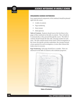 SCIENCE NOTEBOOKS IN MIDDLE SCHOOL


     ORGANIZING SCIENCE NOTEBOOKS
     Four organizational components of the notebook should be planned
     right from the outset.

         •   A table of contents
         •   Page numbering
         •   Entry format
         •   Index/glossary
     Table of Contents. Students should reserve the ﬁrst three to ﬁve
     pages of their notebook for the table of contents. They will add to
     it systematically as they proceed through the course. The table of
     contents should include the date, title, and page number for each
     entry. The title could be based on the names of the investigations in
     the course, the speciﬁc activities undertaken, the concepts learned,
     a focus question for each investigation, or some other schema that
     makes sense to everyone.
     Page Numbering. Each page should have a number. These are
     referenced in the table of contents as the notebook progresses.




                       T bl of C t t
                       Table f Contents



12                                   FULL OPTION SCIENCE SYSTEM
 