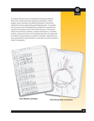 As students become more accomplished at keeping notebooks,
their work will become better organized and efﬁcient. Tables,
graphs, charts, drawings, and labeled illustrations will become
standard means for representing and displaying data. A complete
and accurate record of learning allows students to reconstruct the
sequence of learning events to relive the experience. Discussions
about science between students, students and teachers, or students,
teachers, and parents, have more meaning when they are supported
by authentic documentation in students’ notebooks. Questions and
ideas generated by experimentation or discussion can be recorded for
future investigation.




            From Weather and Water
                                                                   Brain d
                                                        From Human Brain and Senses




                                                                                      3
 