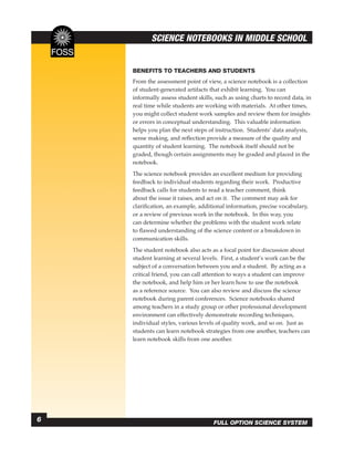 SCIENCE NOTEBOOKS IN MIDDLE SCHOOL


    BENEFITS TO TEACHERS AND STUDENTS
    From the assessment point of view, a science notebook is a collection
    of student-generated artifacts that exhibit learning. You can
    informally assess student skills, such as using charts to record data, in
    real time while students are working with materials. At other times,
    you might collect student work samples and review them for insights
    or errors in conceptual understanding. This valuable information
    helps you plan the next steps of instruction. Students’ data analysis,
    sense making, and reﬂection provide a measure of the quality and
    quantity of student learning. The notebook itself should not be
    graded, though certain assignments may be graded and placed in the
    notebook.
    The science notebook provides an excellent medium for providing
    feedback to individual students regarding their work. Productive
    feedback calls for students to read a teacher comment, think
    about the issue it raises, and act on it. The comment may ask for
    clariﬁcation, an example, additional information, precise vocabulary,
    or a review of previous work in the notebook. In this way, you
    can determine whether the problems with the student work relate
    to ﬂawed understanding of the science content or a breakdown in
    communication skills.
    The student notebook also acts as a focal point for discussion about
    student learning at several levels. First, a student’s work can be the
    subject of a conversation between you and a student. By acting as a
    critical friend, you can call attention to ways a student can improve
    the notebook, and help him or her learn how to use the notebook
    as a reference source. You can also review and discuss the science
    notebook during parent conferences. Science notebooks shared
    among teachers in a study group or other professional development
    environment can effectively demonstrate recording techniques,
    individual styles, various levels of quality work, and so on. Just as
    students can learn notebook strategies from one another, teachers can
    learn notebook skills from one another.




6                                    FULL OPTION SCIENCE SYSTEM
 