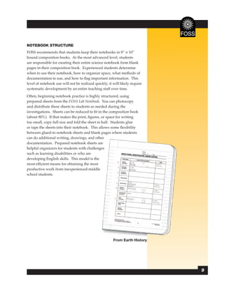 NOTEBOOK STRUCTURE
FOSS recommends that students keep their notebooks in 8” ✕ 10”
bound composition books. At the most advanced level, students
are responsible for creating their entire science notebook from blank
pages in their composition book. Experienced students determine
when to use their notebook, how to organize space, what methods of
documentation to use, and how to ﬂag important information. This
level of notebook use will not be realized quickly; it will likely require
systematic development by an entire teaching staff over time.
Often, beginning notebook practice is highly structured, using
prepared sheets from the FOSS Lab Notebook. You can photocopy
and distribute these sheets to students as needed during the
investigations. Sheets can be reduced to ﬁt in the composition book
(about 80%). If that makes the print, ﬁgures, or space for writing
too small, copy full size and fold the sheet in half. Students glue
or tape the sheets into their notebook. This allows some ﬂexibility
between glued-in notebook sheets and blank pages where students
can do additional writing, drawings, and other  er
documentation. Prepared notebook sheets are     e
helpful organizers for students with challenges es
such as learning disabilities or who are
developing English skills. This model is the
most efﬁcient means for obtaining the most
productive work from inexperienced middle
school students.




                                                       From Earth History




                                                                             9
 