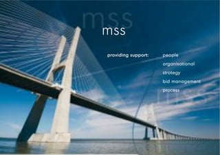 mss
providing support:   people
                     organisational
                     strategy
                     bid management
                     process
 