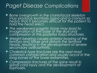 Paget Disease Complications
 Bone overgrowth in the craniofacial skeleton
may produce leontiasis ossea and a cranium so
heavy that it becomes difficult for the patient to
hold the head erect.
 The weakened pagetic bone may lead to
invagination of the base of the skull and
compression of the posterior fossa structures.
 Weight bearing causes anterior bowing of the
femora and tibiae and distorts the femoral
heads, resulting in the development of severe
secondary osteoarthritis.
 Chalkstick-type fractures are the next most
common complication and usually occur in the
long bones of the lower extremities.
 Compression fractures of the spine result in
spinal cord injury and the development of
kyphoses.
 