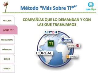 HISTORIA    COMPAÑÍAS QUE LO DEMANDAN Y CON
                   LAS QUE TRABAJAMOS
 ¿QUÉ ES?


RESULTADOS



 FÓRMULA



  DESEO



  DEBATE
 