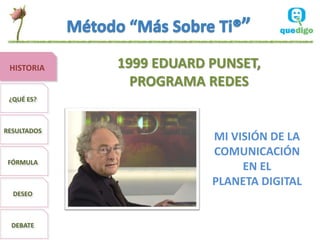 HISTORIA    1999 EDUARD PUNSET,
               PROGRAMA REDES
 ¿QUÉ ES?



RESULTADOS
                         MI VISIÓN DE LA
                         COMUNICACIÓN
 FÓRMULA
                              EN EL
                         PLANETA DIGITAL
  DESEO



  DEBATE
 