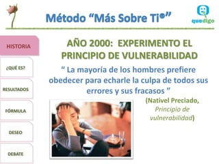 HISTORIA        AÑO 2000: EXPERIMENTO EL
                PRINCIPIO DE VULNERABILIDAD
 ¿QUÉ ES?
                “ La mayoría de los hombres prefiere
             obedecer para echarle la culpa de todos sus
RESULTADOS
                       errores y sus fracasos ”
                                       (Nativel Preciado,
 FÓRMULA                                  Principio de
                                        vulnerabilidad)
  DESEO



  DEBATE
 