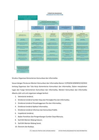2 | ANALISA STRATEGI DAN CAPAIAN KINERJA DITJEN PENYELENGGARAAN POS DAN INFORMATIKA
Struktur Organisasi Kementerian Komunikasi dan Informatika
Sesuai dengan Peraturan Menteri Komunikasi dan Informatika Nomor 17/PER/M.KOMINFO/10/2010
tentang Organisasi dan Tata Kerja Kementerian Komunikasi dan Informatika, Dalam menjalankan
tugas dan fungsi Kementerian Komunikasi dan Informatika, Menteri Komunikasi dan Informatika
dibantu oleh unit-unit organisasi sebagai berikut:
1. Sekretariat Jenderal;
2. Direktorat Jenderal Sumber Daya dan Perangkat Pos dan Informatika;
3. Direktorat Jenderal Penyelenggaraan Pos dan Informatika;
4. Direktorat Jenderal Aplikasi Informatika;
5. Direktorat Jenderal Informasi dan Komunikasi Publik;
6. Inspektorat Jenderal;
7. Badan Penelitian dan Pengembangan Sumber Daya Manusia;
8. Staf Ahli Menteri Bidang Hukum;
9. Staf Ahli Menteri Bidang Sosial,
10. Ekonomi dan Budaya;
 