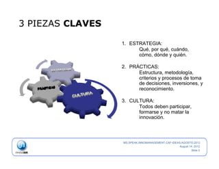 3 PIEZAS CLAVES

                  1.  ESTRATEGIA:
                         Qué, por qué, cuándo,
                         cómo, dónde y quién.

                  2.  PRÁCTICAS:
                         Estructura, metodología,
                         criterios y procesos de toma
                         de decisiones, inversiones, y
                         reconocimiento.

                  3.  CULTURA:
                         Todos deben participar,
                         formarse y no matar la
                         innovación.



                  MS.SPEAK.INNOMANAGEMENT.CAF-IDEAS.AGOSTO.2012
                                                   August 14, 2012
                                                           Slide 5
 