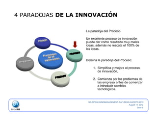 4 PARADOJAS DE LA INNOVACIÓN

                   La paradoja del Proceso

                   Un excelente proceso de innovación
                   puede dar como resultado muy malas
                   ideas, además no rescata el 100% de
                   las ideas.


                   Domina la paradoja del Proceso:

                        1.  Simplifica y mejora el proceso
                            de innovación,

                        2.  Comienza por los problemas de
                            las empresa antes de comenzar
                            a introducir cambios
                            tecnológicos.



                    MS.SPEAK.INNOMANAGEMENT.CAF-IDEAS.AGOSTO.2012
                                                     August 14, 2012
                                                             Slide 9
 
