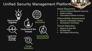 Asset
Discovery
Vulnerability
Assessment
Threat
Detection
Look For
Strange
Activity
Piece It All
Together
Understand the
Threats
Unified Security Management Platform
Asset Discovery
 Active & Passive Network Scanning
 Asset Inventory
 Host-based Software Inventory
Vulnerability Assessment
 Network Vulnerability Testing
 Remediation Verification
Threat Detection
 Network & Host IDS
 Wireless IDS
 File Integrity Monitoring
 