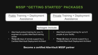 MSSP “GETTING STARTED” PACKAGES
Public Training + Deployment
Assistance
Private Training + Deployment
Assistance
Packages include…
• AlienVault product training for one (1)
engineer at a public AlienVault training
center
• Three (3) days of remote support by a
Certified AlienVault Deployment Architect
• AlienVault product training for up to 8
people at your facility
• Three (3) days of remote support by a
Certified AlienVault Deployment Architect
Become a certified AlienVault MSSP partner
 
