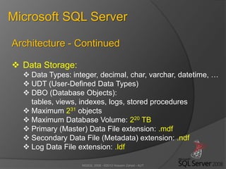 MSSQL 2008 - ©2012 Hossein Zahed - AUT
Microsoft SQL Server
Architecture - Continued
 Data Storage:
 Data Types: integer, decimal, char, varchar, datetime, …
 UDT (User-Defined Data Types)
 DBO (Database Objects):
tables, views, indexes, logs, stored procedures
 Maximum 231 objects
 Maximum Database Volume: 220 TB
 Primary (Master) Data File extension: .mdf
 Secondary Data File (Metadata) extension: .ndf
 Log Data File extension: .ldf
 