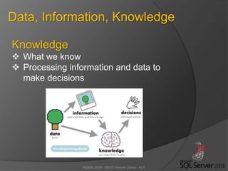 MSSQL 2008 - ©2012 Hossein Zahed - AUT
Data, Information, Knowledge
Knowledge
 What we know
 Processing information and data to
make decisions
 