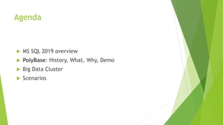 Agenda
 MS SQL 2019 overview
 PolyBase: History, What, Why, Demo
 Big Data Cluster
 Scenarios
 