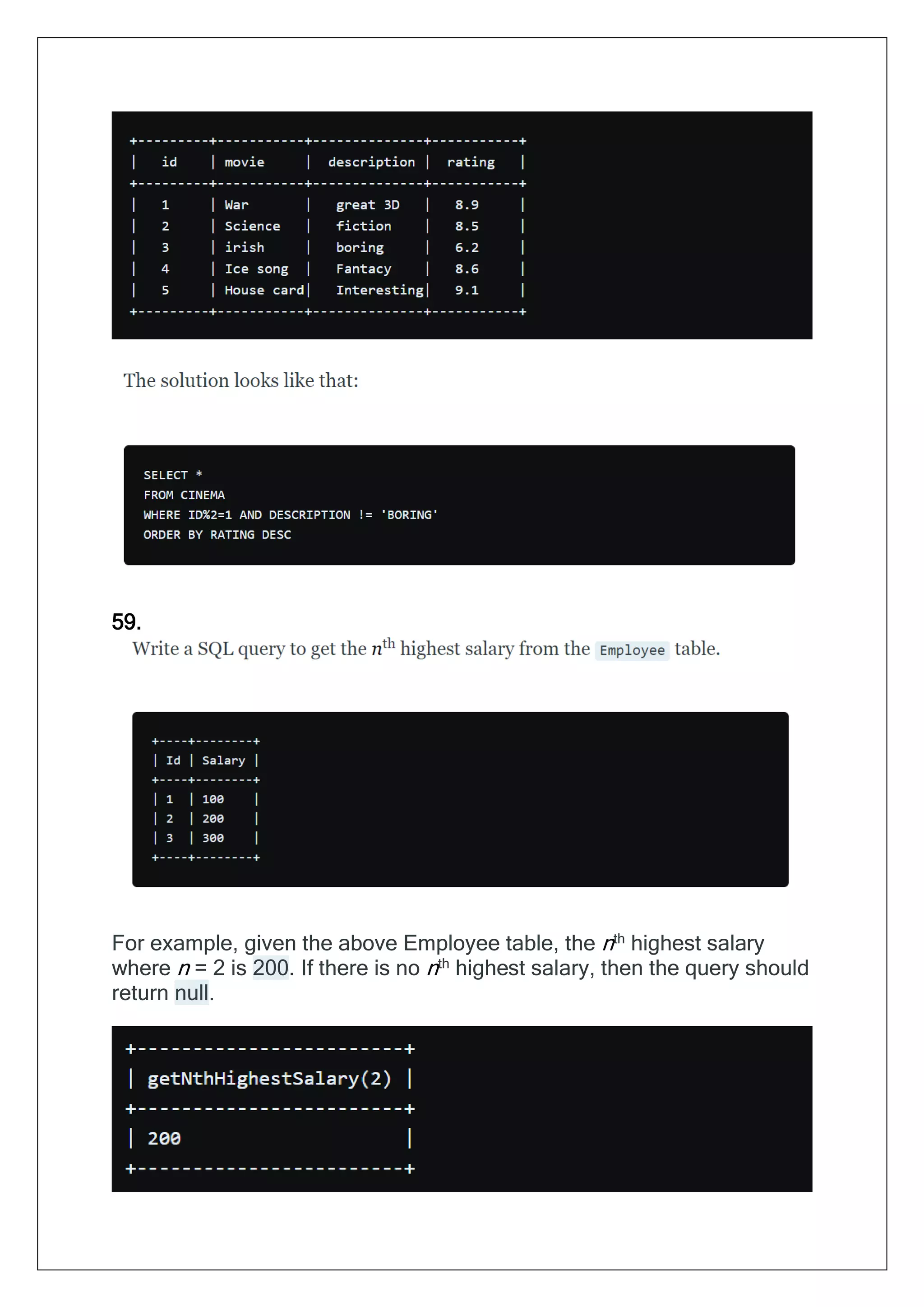 59.
For example, given the above Employee table, the nth
highest salary
where n = 2 is 200. If there is no nth
highest salary, then the query should
return null.
 