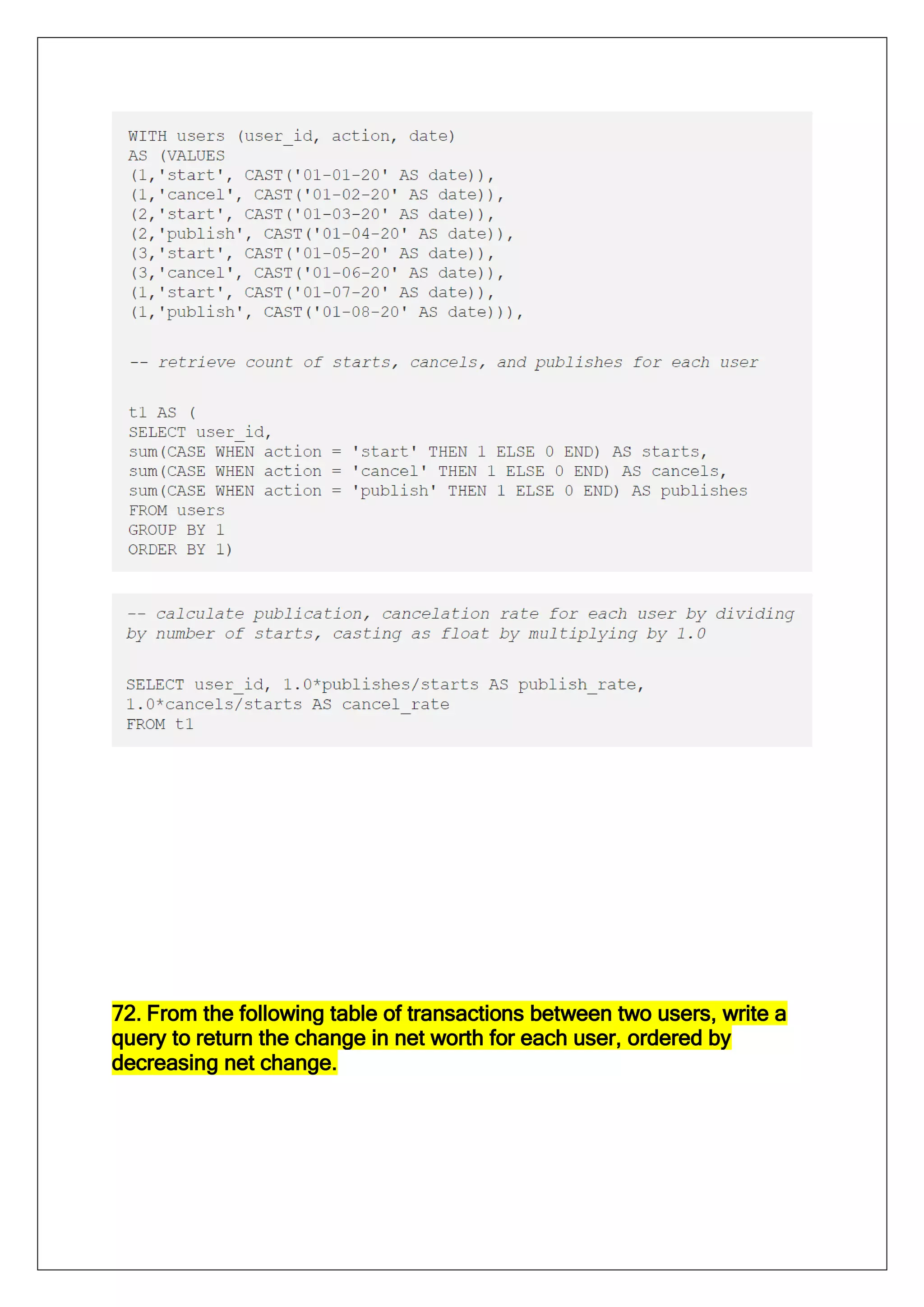 72. From the following table of transactions between two users, write a
query to return the change in net worth for each user, ordered by
decreasing net change.
 