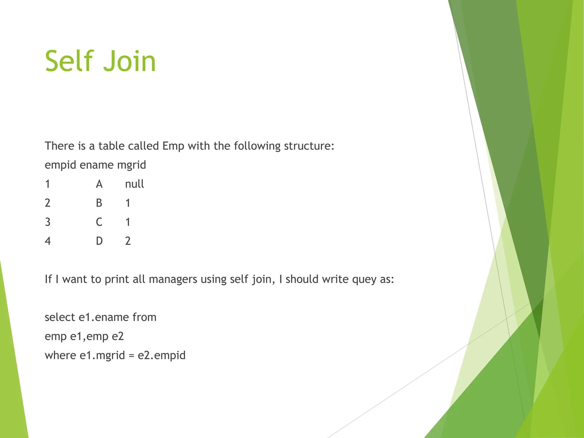 Self Join
There is a table called Emp with the following structure:
empid ename mgrid
1 A null
2 B 1
3 C 1
4 D 2
If I want to print all managers using self join, I should write quey as:
select e1.ename from
emp e1,emp e2
where e1.mgrid = e2.empid
 
