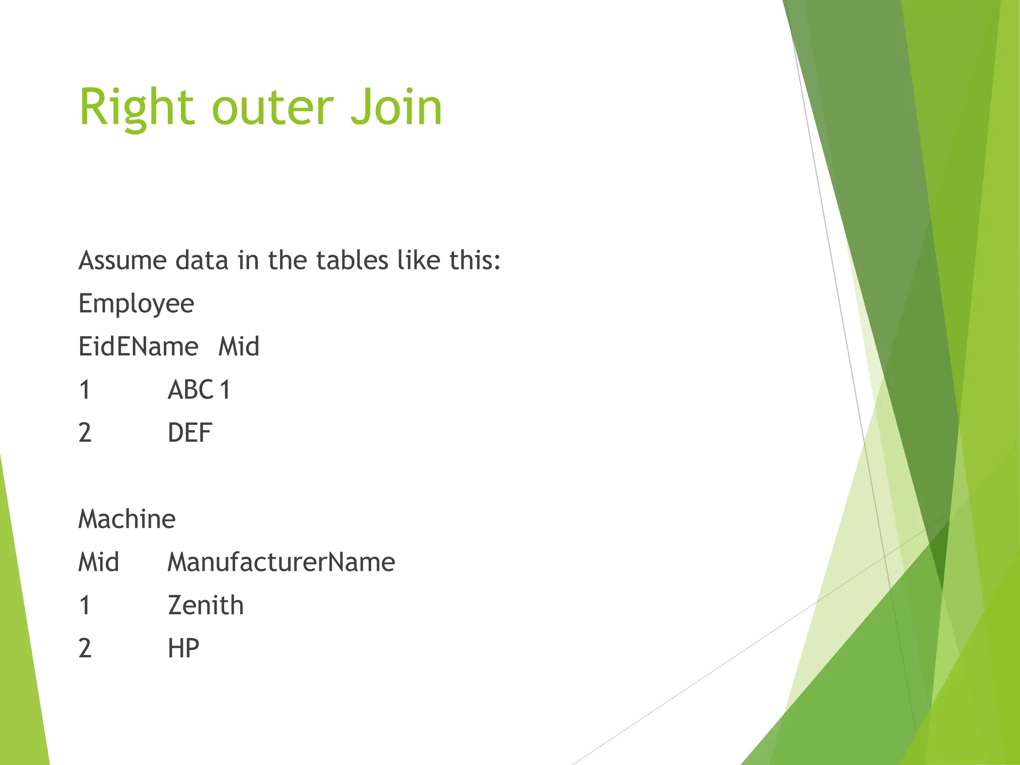 Right outer Join
Assume data in the tables like this:
Employee
EidEName Mid
1 ABC 1
2 DEF
Machine
Mid ManufacturerName
1 Zenith
2 HP
 