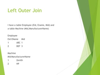 Left Outer Join
I have a table Employee (Eid, Ename, Mid) and
a table Machine (Mid,ManufacturerName)
Employee
Eid EName Mid
1 ABC 1
2 DEF 3
Machine
MidManufacturerName
1 Zenith
2 HP
 