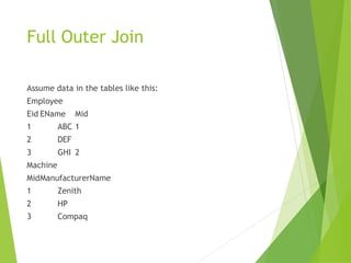 Full Outer Join
Assume data in the tables like this:
Employee
Eid EName Mid
1 ABC 1
2 DEF
3 GHI 2
Machine
MidManufacturerName
1 Zenith
2 HP
3 Compaq
 