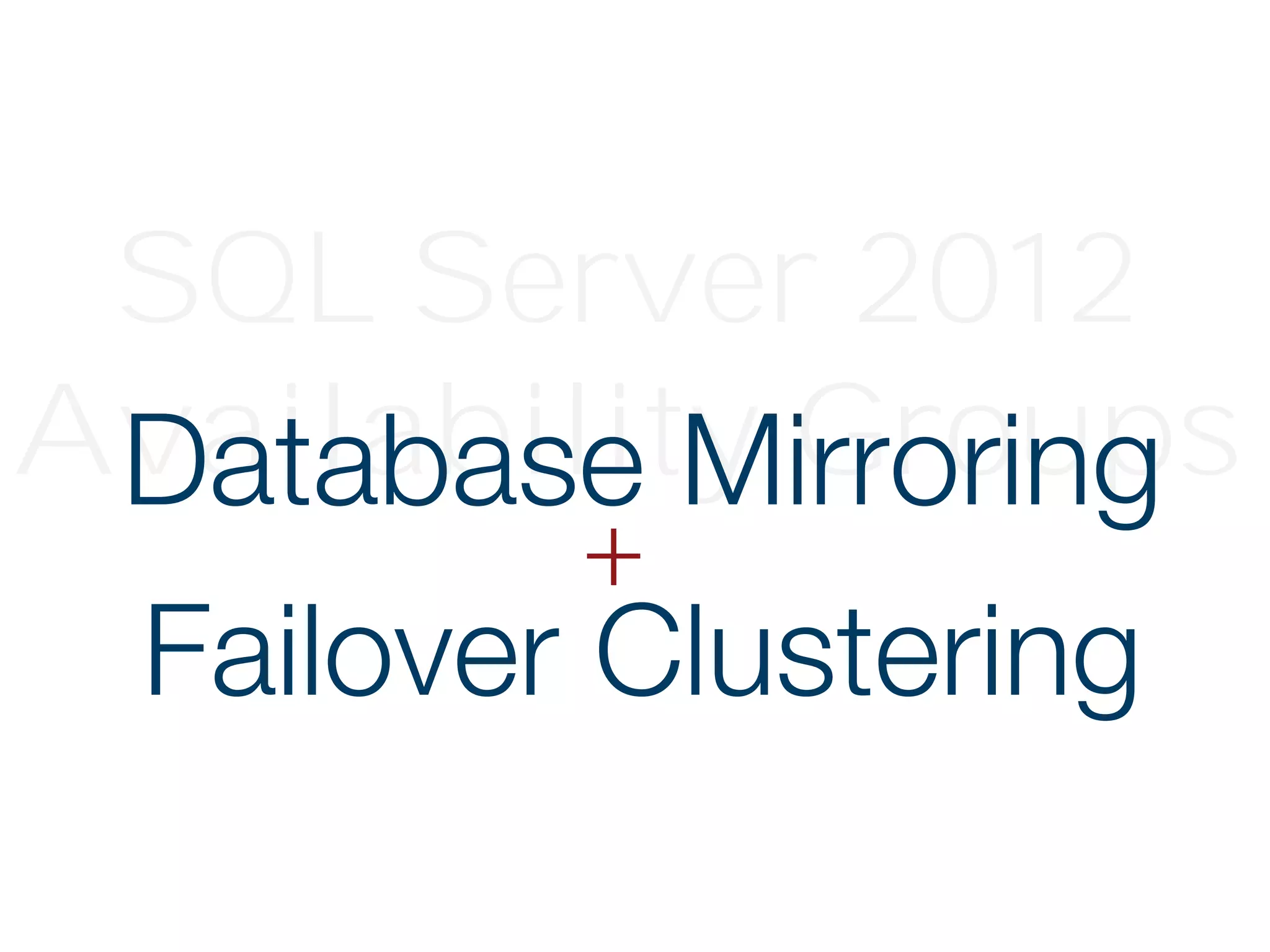 SQL Server 2012
Availability Groups
Failover Clustering
Database Mirroring
+
 