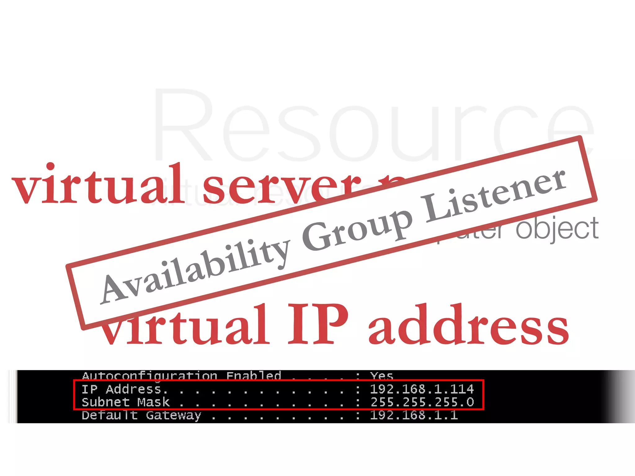 virtual resourcevirtual server name
virtual IP address
virtual computer object
Resource
 
