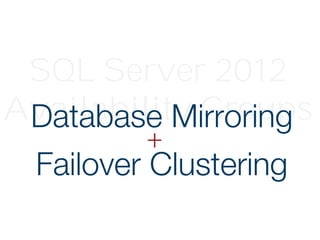 SQL Server 2012
Availability Groups
Failover Clustering
Database Mirroring
+
 