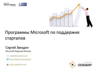 Программы Microsoft по поддержке стартапов Сергей Звездин Microsoft Regional Director oogsoft.com sergey@zwezdin.com http://twitter.com/sergun/ http://zwezdin.com/ 